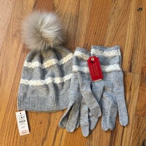 Talbots Gray and Cream Kids Pom-Pom Hat and Gloves Set
